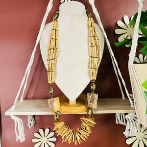 Vintage Bone and Brass Beaded Necklace Ethnic Tribal Statement 1970s Hippie Boho